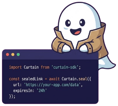 The Curtain ghost at a terminal, sealing a URL with Curtain.seal() from the curtain-sdk