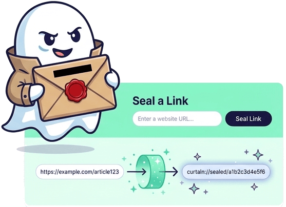 The Curtain ghost sealing a website URL into an opaque curtain:// link that only Curtain can open