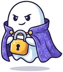 The Curtain ghost guarding a padlock — your data stays locked, even to us